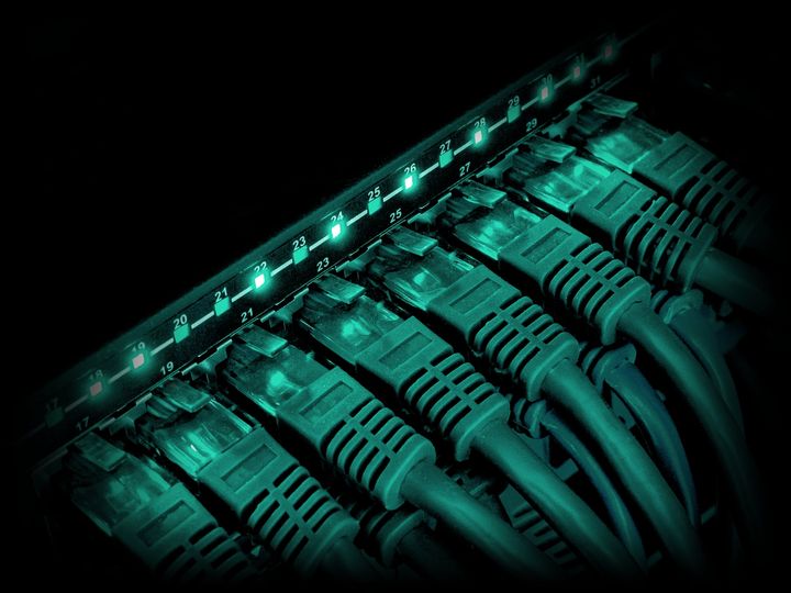 Patch cables plugged into a row of switch ports, with lit link lights above each port.